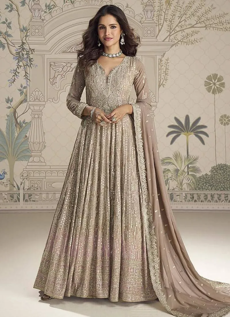 Beige Embroidered Georgette Anarkali Suit Semi Stitched Up To 42 Size